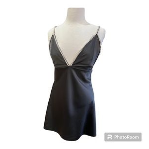 House of Harlow black satin dress  rhinestone straps detail